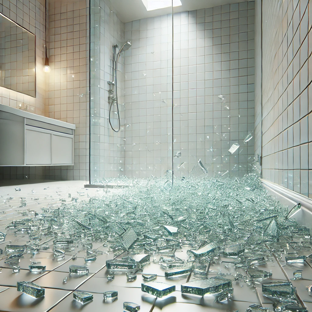 A realistic image of shattered safety glass scattered across the floor of a modern bathroom. The small, harmless pieces of tempered glass are glisteni